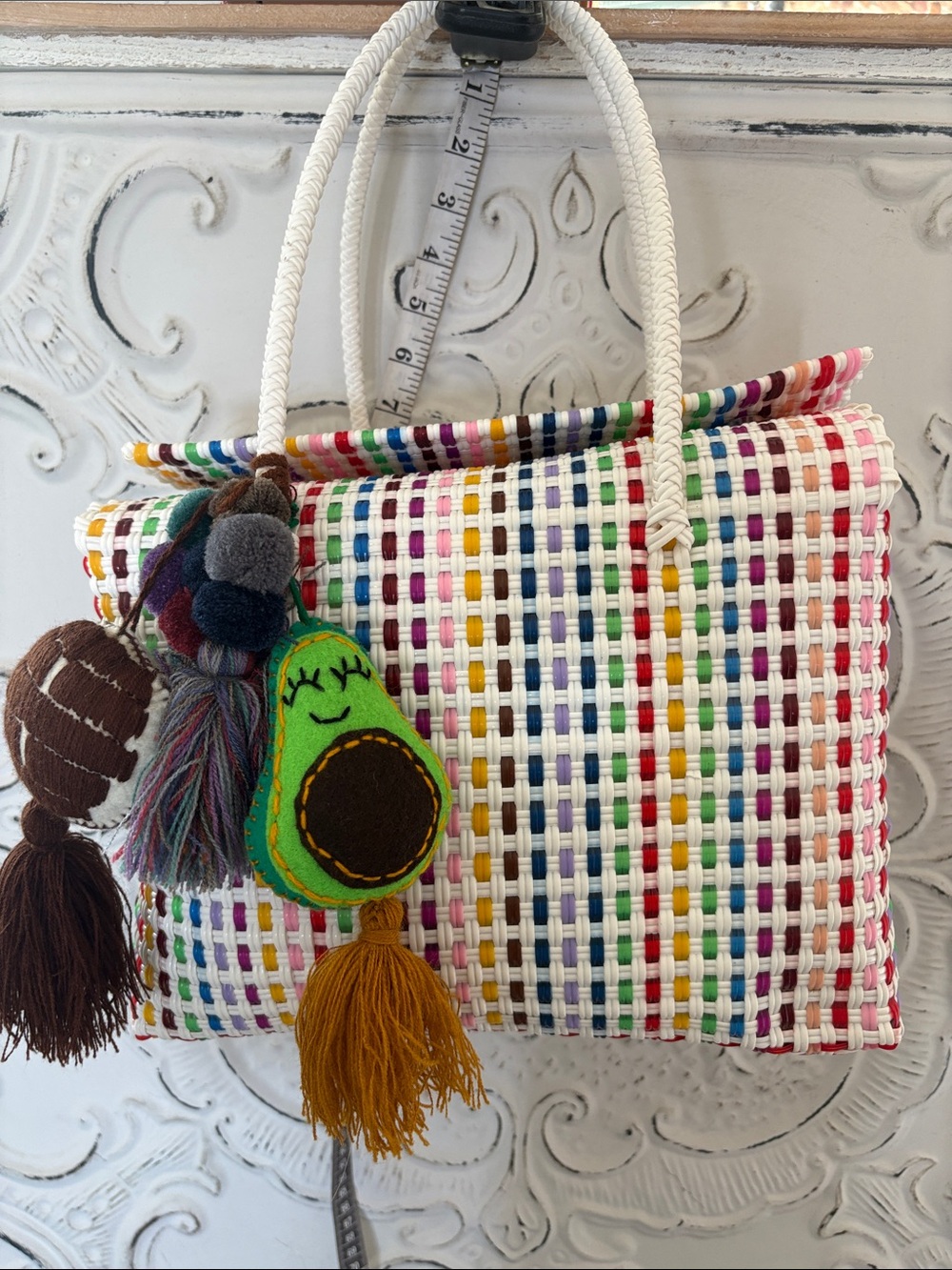 Colorful Woven Multicolor Tote Bag with Avocado Charm